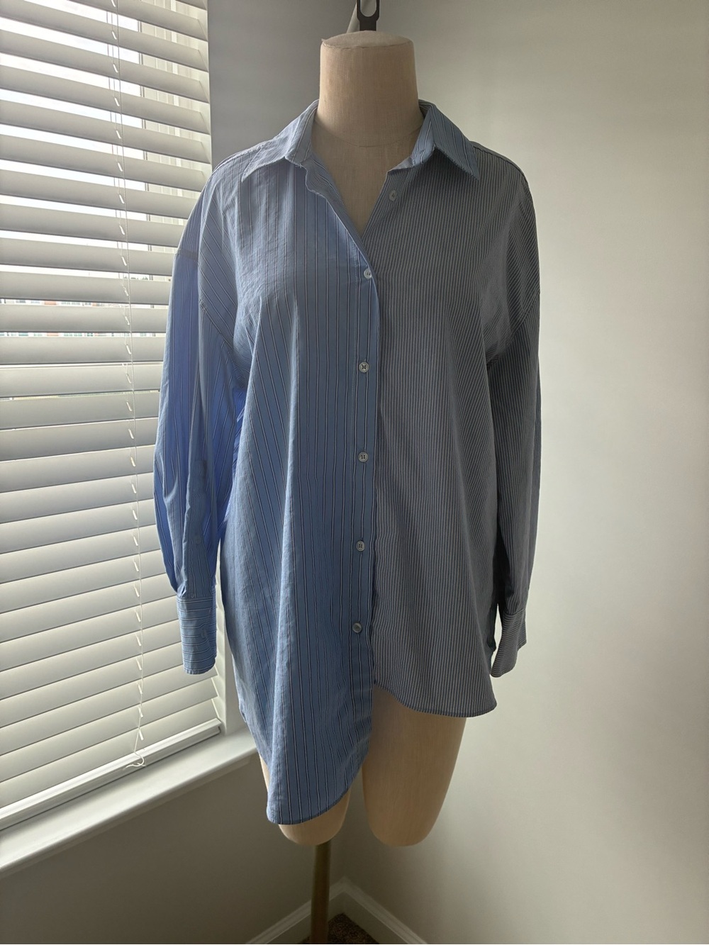 Zara Women's Asymmetrical Blue and White Striped Button Down